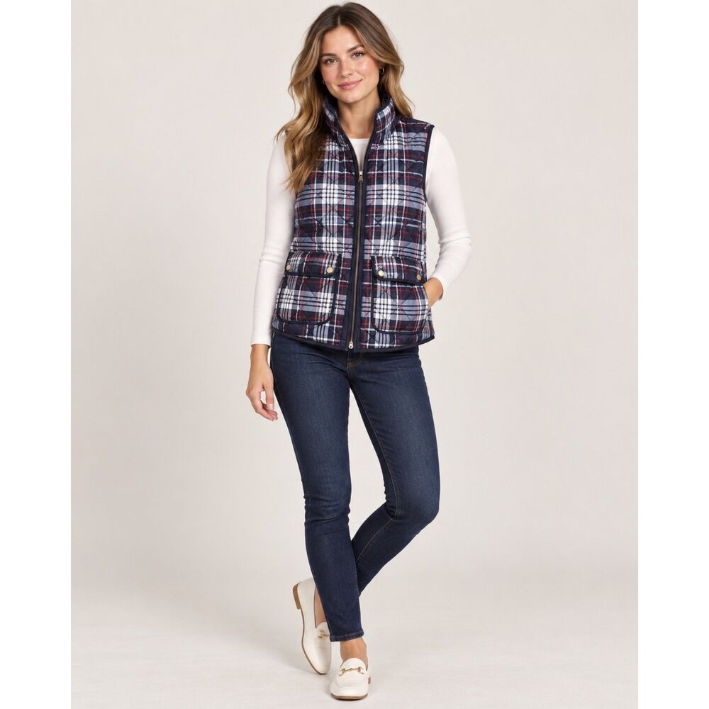 Adrienne Vittadini Plaid Quilted Vest Size L Navy Red White